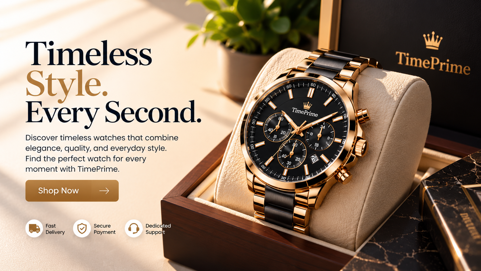 Luxury TimePrime watch with a black dial and gold finish